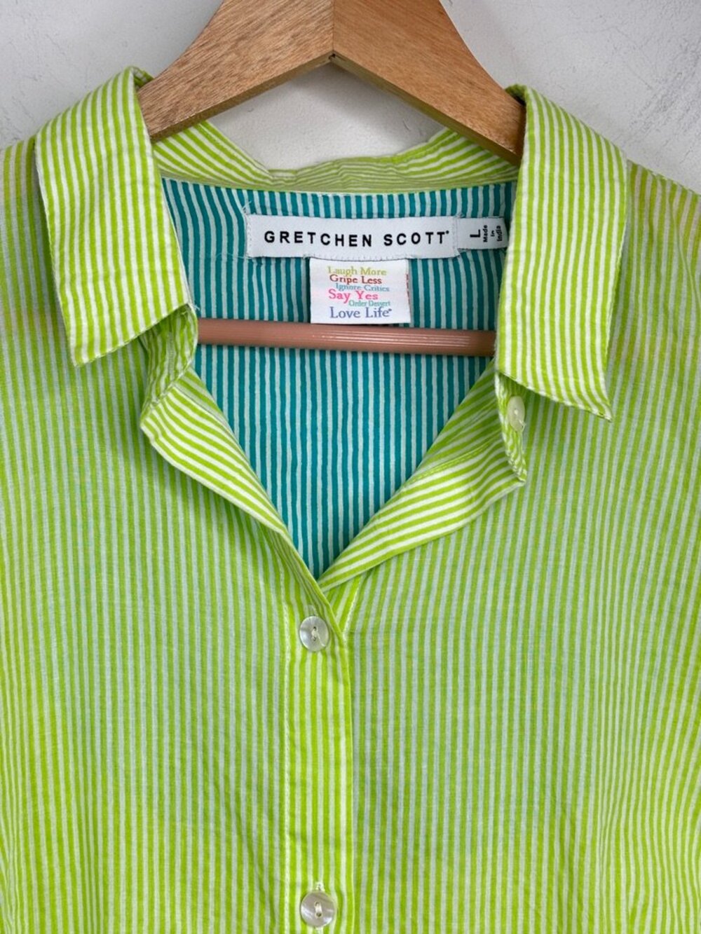 Gretchen Scott Cotton Priss Blouse L Lime Green White Striped Ruffle Bell Sleeve - Picture 4 of 10